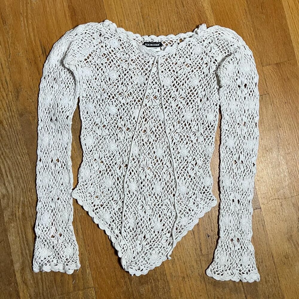 Y2K Vintage White Cream Woven Crochet Top Flared Long Sleeves from Joe Boxer